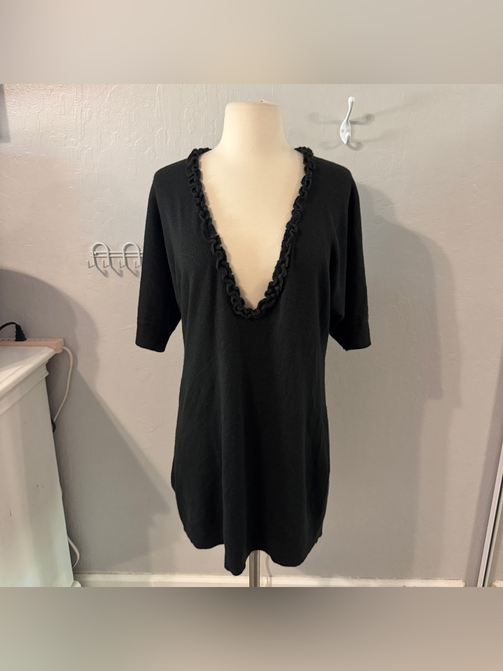 Y2K Black V-Neck Ruffle Trim Knit Dress